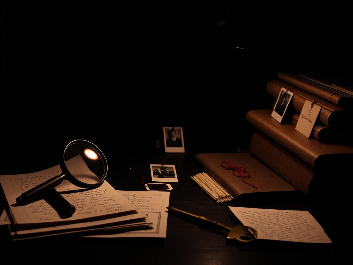 Detectiveonderzoek met vergrootglas, dossiers en aanwijzingen op tafel
